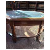 Wooden Coffee Table with Glass Accents and Wood Woven Bottom