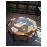 Wooden Coffee Table with Glass Accents and Wood Woven Bottom