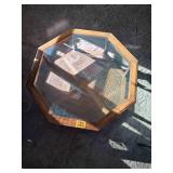 Wooden Coffee Table with Glass Accents and Wood Woven Bottom