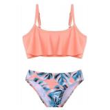 Arshiner Girls Swimsuit Two Pieces Bikini Set Ruffle Bathing Suits Flounced Tankini Swimwear Pink-Orange Monstera Print Size 9-10 - Retail: $15