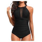 Tempt Me Women One Piece Swimsuit Black High Neck Plunge Ruched Tummy Control Bathing Suit XL - Retail: $34
