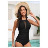 Tempt Me Women One Piece Swimsuit Black High Neck Plunge Ruched Tummy Control Bathing Suit XL - Retail: $34