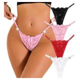 YIFVTFCK 4Pack Women G-String Thongs Sexy T-back Lace Underwear Cut Out Low Rise Floral Breathable Cheeky Panties Red S - Retail: $15