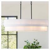 DWLGIGH 33.4" Modern Dining Room Chandelier, 4-Light Linear Chandelier with White Double Oval Linen Shade Large Hanging Pendant Light for Over Table Entryway Foyer Kitchen Island Light Fixture, E26 - 