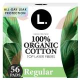 L. Ultra Thin Pads for Women, Regular Absorbency, Organic Cotton Top Layer, Unscented Pads with Wings, 56 Count - Retail: $14