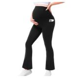 Walifrey Maternity Flared Leggings with Pocket Over The Belly Buttery Soft Pregnancy Yoga Pants Black M - Retail: $10