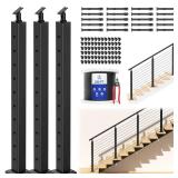 CKE 10-15ft Complete Set 36\" Stair Cable Railing Post Kit (35"x2"x2") for 25°-35° Stair, 3 Pack Stair Cable Posts, 220ft 1/8\" Wire Rope, Black Invisible Cable Railing System DIY Kit(No Handrail) S