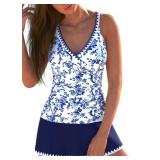 ROSEWE Two Piece Tankini Swimsuits for Women, Tummy Control Bathing Suit with Skirt, V-Neck Swimdress Navy Blue, Medium - Retail: $41
