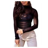 REORIA Womens Mesh Long Sleeve Bodysuits Sexy Sheer Mock Turtleneck Ruched Going Out Tops No Lining Black Small - Retail: $25