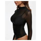 REORIA Womens Mesh Long Sleeve Bodysuits Sexy Sheer Mock Turtleneck Ruched Going Out Tops No Lining Black Small - Retail: $25