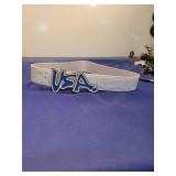 USA White Leather Belt with Blue Logo