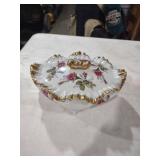 Rose Pattern Porcelain Serving Dish with Gold Trim