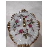 Rose Pattern Porcelain Serving Dish with Gold Trim