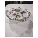Rose Pattern Porcelain Serving Dish with Gold Trim