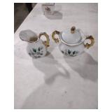 White Porcelain Floral Cream and Sugar Set with Gold Handles