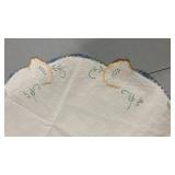 Embroidered White Linen Doily with Blue Trim 31 x 34â