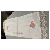 Red Rose Linen Table Runner with Lace Trim