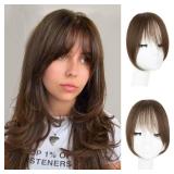 EINAEY Clip in Bangs, 100% Real Human Hair Medium Brown Fake Bangs Clip in Hair Extensions French Bangs Fringe with Temples Hairpieces for Women Curved Curtain Bangs for Daily Wear