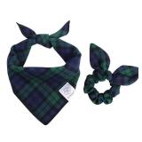 E-Clover Christmas Dog Bandanas Boy & Matching Scrunchie Set Plaid Dog Scarf Kerchief for Medium Large Dog Pet Bandana Owner Gifts Blue Green Fall