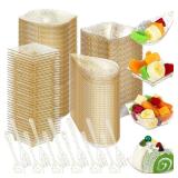 Tessco 800 Pcs Mini Appetizer Plates Set Including 400 Disposable Dessert Plates Assorted Shape 200 Mini Plastic Forks 200 Plastic Spoons for Party(Clear, Gold,Glitter)