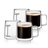 CNGLASS 10oz Glass Coffee Mugs,Double Wall Insulated Glass Mugs with Handle,Clear Espresso Mug for Latte,Cappuccino,Tea Bag,Set of 4