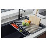 Extra Large Black Expandable Roll Up Dish Drying Rack,Over The Sink Kitchen Rolling up Dish Drainer, for Kitchen Sink Counter Foldable Sink Cover with Removable Utensil Holder(Expandable Width Size)