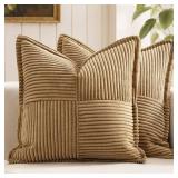 MIULEE Decorative Throw Pillow Covers for Couch Bed Livingroom 18x18 Inch Set of 2 Brown Boho Accent Throw Pllows Broadside Striped Patchwork Soft Corduroy Pillowcases