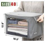 STSTECH Clothes Storage Box Bins Stackable Foldable Organizer with Metal Frame for Clothing Bedding Shelves,Closet Container with Clear Window Zipper and Label Holder Gray,Small-40L x3 Pack