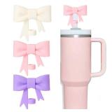 HIUSITY Bow Straw Cover Topper for Stanley Cup,Silicone Straws Toppers for Tumbler with Handle 40oz,Cute 10mm/0.4in Covers Cap,Dust-Proof Reusable Lids for Stanleys Cups Accessories,Pink