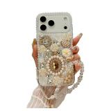 iFiLOVE for iPhone 17 Pro Max Bling Diamond Case with Flower Strap, 3D Luxury Sparkle Glitter Crystal Rhinestone Pearl Love Rose Wristband Bracelet Case Cover for Girls Women Kids (White)