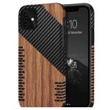 TENDLIN Compatible with iPhone 11 Case Wood Grain with Carbon Fiber Texture Design Leather Hybrid Slim Case (Twill)