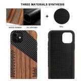 TENDLIN Compatible with iPhone 11 Case Wood Grain with Carbon Fiber Texture Design Leather Hybrid Slim Case (Twill)