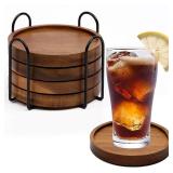 4 Pcs Wood Coasters for Drinks Absorbent, Wooden Coasters with Holder, Drink Coasters for Coffee Table, Absorbent Coaster Set for Table Protection Drink Coasters for Farmhouse, Office, Bar