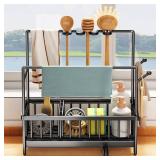 Wotendy Sink Caddy with Drain Pan, Sponge and Dishcloth Holder, Rustproof Stainless Steel Organizer, Removable Brush Holder, Auto Drain Tray