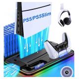 PS5/PS5 Slim Stand and Cooling Station with Controller Charging Station for Playsation 5, PS5 Accessories Kit Incl. 3 Levels Cooling Fan, LED, 15 Game Slot, Headset Holder for PS5 Digital/Disc Console