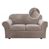 H.VERSAILTEX Real Velvet Plush 3 Piece Stretch Sofa Covers Couch Covers for 2 Cushion Couch Loveseat Covers Width Up to 72 Inch Feature Thick Soft Stay in Place (Medium Sofa, Taupe)