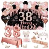 38th Birthday Decorations for Women, 49pcs Black Rose Gold Black Happy 38th Birthday Banner, Tablecloth, Butterfly Decor, Sash and Tiara, Cake Topper, Candles, Balloons Arch