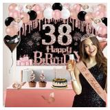 38th Birthday Decorations for Women, 49pcs Black Rose Gold Black Happy 38th Birthday Banner, Tablecloth, Butterfly Decor, Sash and Tiara, Cake Topper, Candles, Balloons Arch