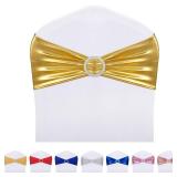 LEBENGURU Metallic Gold Spandex Chair Sashes, 30pcs Premium Stretch Bows With Buckle Slider, Universal Elastic Bands for Wedding Party Banquet Decoration
