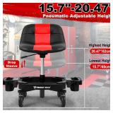 $150 Adjustable Height Rolling Stool with Backrest, Tool Tray, Red