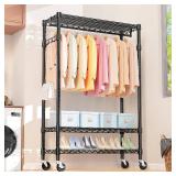 $106 Heavy Duty Rolling Garment Rack, 3-Tier Adjustable Wire Shelving