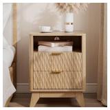 $105 Fluted Nightstand with Charging Station, Natural Oak