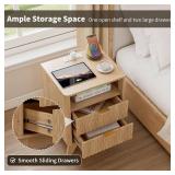 $105 Fluted Nightstand with Charging Station, Natural Oak