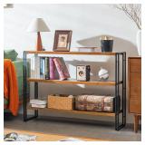 $133 3-Tier Horizontal Bookshelf, Industrial Book Shelf, Rustic Brown