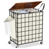 $54 Laundry Basket with Wheels, 2-Section 120L Sorter, Wood Lid, Beige