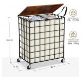 $54 Laundry Basket with Wheels, 2-Section 120L Sorter, Wood Lid, Beige