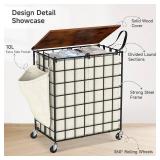 $54 Laundry Basket with Wheels, 2-Section 120L Sorter, Wood Lid, Beige
