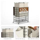 $54 Laundry Basket with Wheels, 2-Section 120L Sorter, Wood Lid, Beige