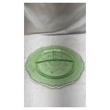 Green Depression Glass Plate with Etched Design with Uranium Glow