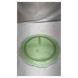 Green Depression Glass Plate with Etched Design with Uranium Glow